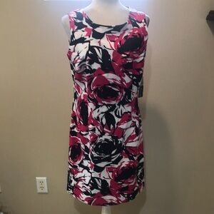NWT Soho Apparel Floral Pink, Black and White Midi Sheath Dress-Size 10